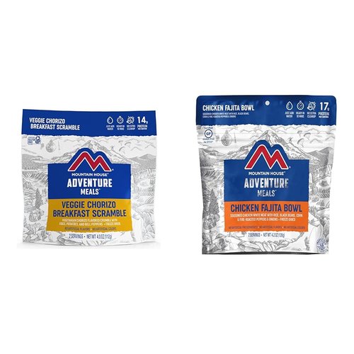 Mountain House 2-Servings Veggie Chorizo Breakfast Scramble & Chicken Fajita Bowl Freeze-Dried Backpacking Food Bundle