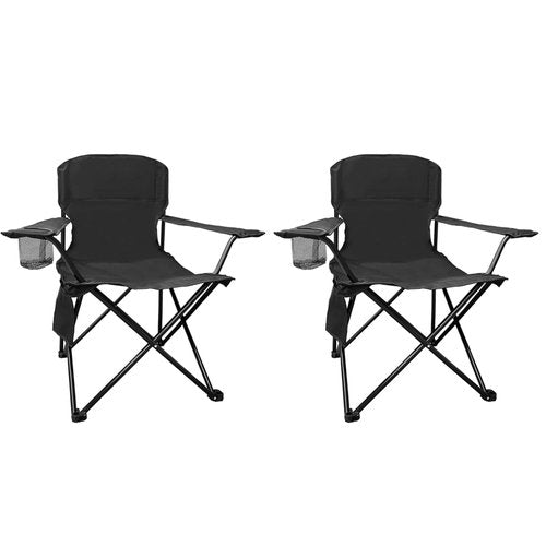 SAILARY 2PCS Folding Camping Collapsible Chairs Heavy Duty Lawn Chair with Cooler Bag, Storage Pocket, Waterproof Bag Outdoor Arm Chair, Supports 225LBS, Black