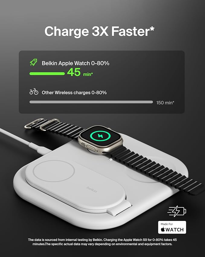 Belkin 3-in-1 MagSafe-Compatible iPhone Charger 15W, Foldable Magnetic Qi2-Certified Wireless Charging Station for iPhone 16, Apple Watch Series 10, AirPods 4, and More, w/Non-Slip Base & PSU - White