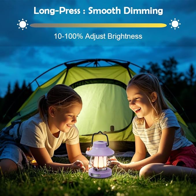 Camping Lantern For Kid Toddler Flashlight With Soft Light & Eye Protection Indoor Outdoor Hanging Tent Portable Night Light Battery Operated Sky Lanterns Rechargeable Lamp Gear Essentials Gift Purple