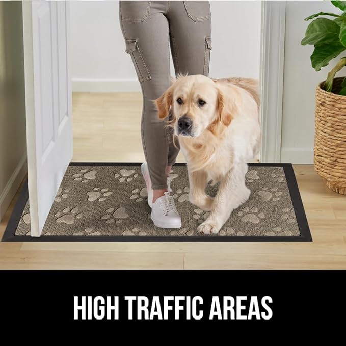 GORILLA GRIP 100% Waterproof All-Season WeatherMax Doormat, 47x35, Durable Natural Rubber, Stain and Fade Resistant, Low Profile, Indoor Outdoor Door Mats, Easy Clean Patio Entry Mat, Tan Pawprints