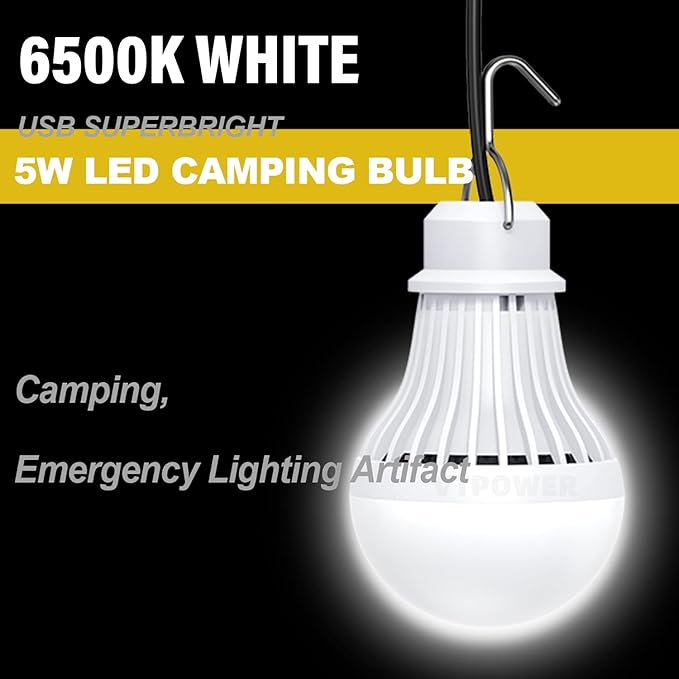 2 Pack USB LED Camping Light 5W, Portable LED Bulb for Garage Warehouse Car Truck Fishing Boat Outdoor Emergency Light Children Bed Room White