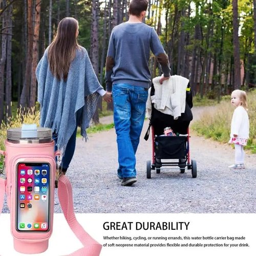 Generic Water Bottle Carrier Bag with Touchable Screen Phone Pocket for Stanley 40oz Tumbler - Neoprene Holder with Adjustable Strap and Straw Cover for Stanley Cup., Pink