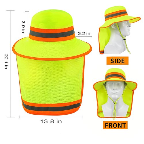 Men High Visibility Reflective Work Safety Sun Hat with Neck Flap Wide Brim Boonie UV Protection (US, Alpha, Medium, X-Large, 1pc Neon Lime)