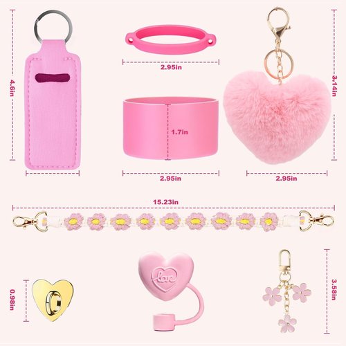 HAOYINEER Cup Accessories Set for Stanley Cup 40oz 30oz Tumbler, Including Water Bottle Handle Strap, Silicone Spill Proof Stopper, Silicone Cup Boot, 2 Pcs Charms, Pink