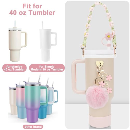 Stanley Cup Accessories Set Including 1 Pcs Water Bottle Handle Strap, 1 Pcs Siliocne Stanley Cup Boot, 1 Pcs Siliocne Straw Cover, 2 Pcs Stanley Charms for Stanley Cup 40oz & 30oz Tumbler