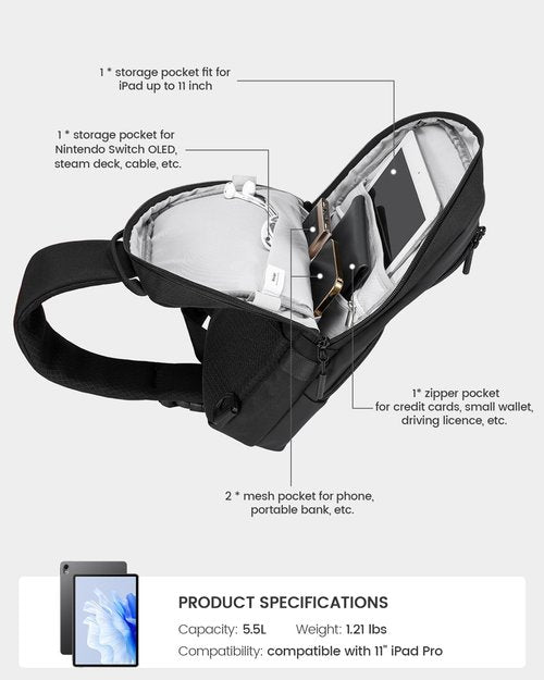 Soulgo EDC Sling Bag for Men & Women, 5.5L Water-resistant Crossbody Backpack Chest Shoulder Bag Compatible with 11 inch iPad Pro/Air, Lightweight Daypack for Daily Use-Black