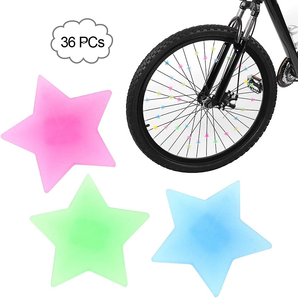 VGEBY Bike Wheel Spokes Beads, Plastic Luminous Bicycle Tire Spoke Bead Clip Decorations Bike Spoke Decorations (36PCS Star Beads)