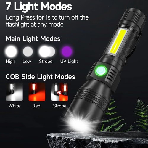 Black Light flashlight, 3 in-1 Rechargeable Flashlights, UV Light Magnetic LED Flashlight High Lumens, 7 Mode Camping Waterproof Flashlight for Pet Urine Detection ((Black + Purple) with case)