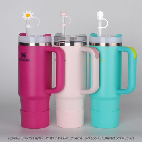 DUNLAGUE Boot and Straw Cover Set - 2pcs Silicone Boot, 3pcs Straw Cap, Bottom Protector for Stanley Cup H2.0 30oz & 40oz, Exact Color Match with Stanley, Accessories Rose Quartz