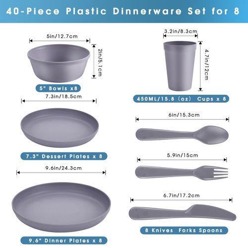 Plastic Dinnerware Sets – 40-Piece Gray Plates and Bowls Sets, Unbreakable, Reusable Dishes Set for 8 with Cups, Knives, Forks and Spoons, for Camping and Outdoor Use