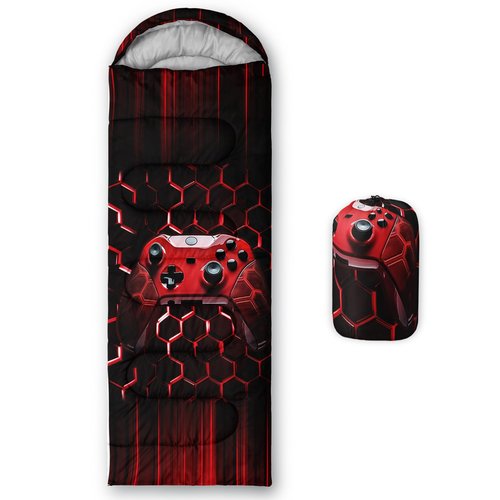 QOOMO Red Game Console Printed Camping Sleeping Bag, 3 Season Warm & Cool Weather,Lightweight,Waterproof Sleeping Bags for Adults & Kids,Traveling,and Outdoors,Camping Gear Equipment, 31x90inch