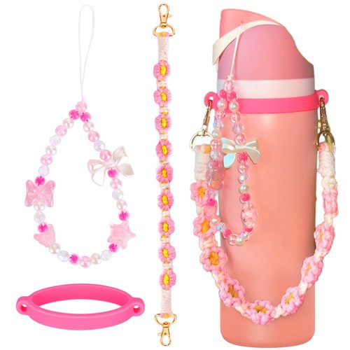 Mity rain Water Bottle Accessories Set for Owala, Including Water Bottle Handle Strap,Bohemian Style Personality and Easy to Carry (Universal Style, Pink)