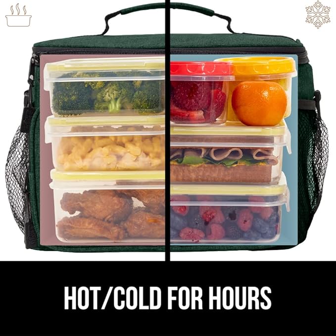GORILLA GRIP Reusable Insulated Lunch Box Bag, Large Capacity, Leakproof Soft Cooler Bags, Mesh Pockets and Adjustable Strap, Food Tote for Work Camping School, Keep Drinks Cold, 8L, 10x9 Hunter Green