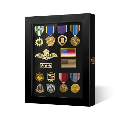 Pin Display Case, 11 x 14 Solid Wood Lapel Pin Display Box with HD Tempered Glass for Military Medal Badge Velcro Patch Board