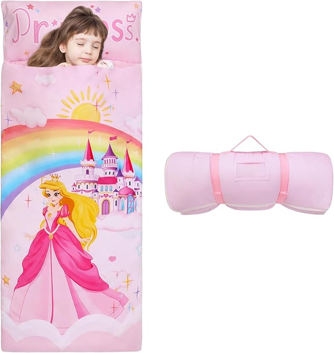 Kids Sleeping Bag Toddler Nap Mat with Removable Pillow, Large Foldable Sleeping Bag for Girls Boys, Easy Clean Slumber Bag with Double Zip for Camping School Preschool Daycare, 59×24 inch