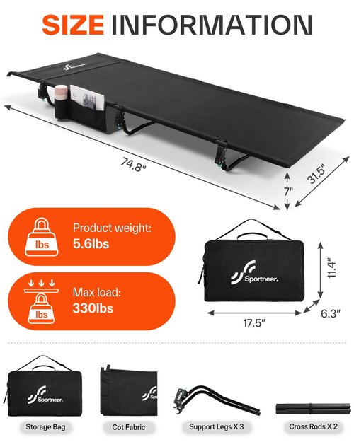 Sportneer Camping Cot: 31.5’’ Extra Wide Compact Sleeping Cots with Side Pocket - Lightweight Folding Cot for Camping Traveling Tent Day, Carry Bag Included, Easy Setup - Size 74.8''x31.5''