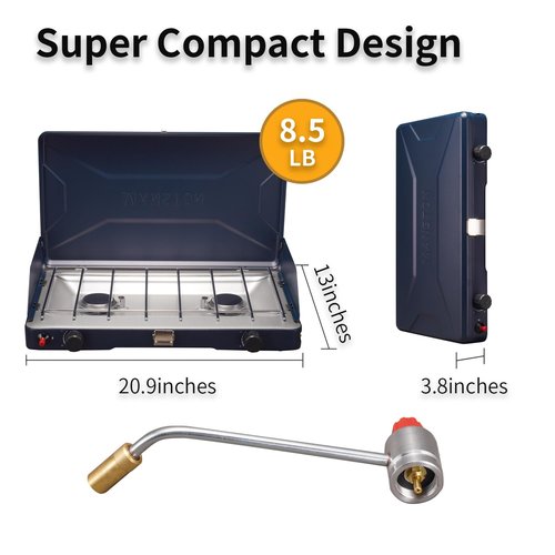 VANSTON Gas Camping Stove, Portable Separately Adjustable Double Propane Burner, Push Button Instant Ignition Grill, Built-in Carrying Handle & Wind Panels, Includes Pressure Regulator Tube