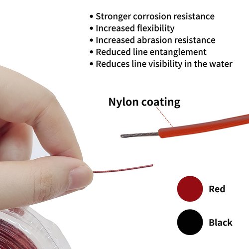 Eupheng Nylon Coated 1x7 & 7x7 Stainless Steel Leader Wire, Knottable Fishing Wire Leader Line for Saltwater, 20lb - 135lb Test in Black, Red in 30ft, 100ft Lengths, with Crimps Sleeves