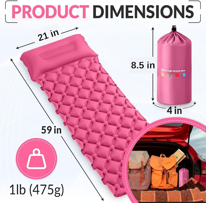 Kids Sleeping Pad for Camping and Sleepovers with Pillow, Inflatable Camping Mattress for Backpacking & Travel, Thick Toddler Cot Mat, Fast Inflating Camping Sleeping Pads for Kids
