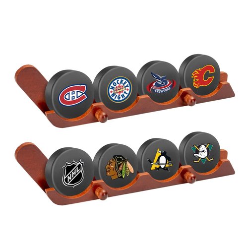 LyunZiS 2 Pack Hockey Puck Display Case for Father's Day Gifts, Wooden Wall Mount Holder with Hooks - Hockey Puck Holder Living Room Stick Decor Accessory for Player Team Gift - Brown