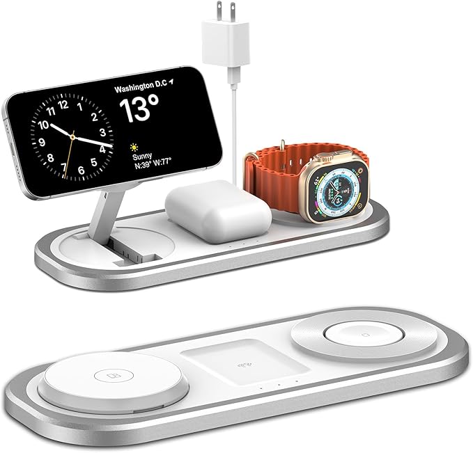 3 in 1 Wireless Charger for iPhone, Foldable Charging Station for Magsafe for iPhone 16/15/14/13/12/Pro Max/Pro/Mini/Plus, Apple Watch 10/9/8/7/SE/6/5/4/3/2/1/Ultra2/Ultra, AirPods pro/2/3/4 (Silver)