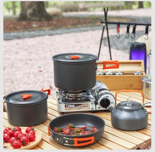 18 PCS TMKOOL 3-4 Peoples Camping Cookware Mess Kit, Lightweight Large Non-Stick Pot Pan Large Fry Pan 1.1L Kettle Set with Plastic Bowls Plates Sets for Camping, Backpacking, Outdoor Cooking, Picnic