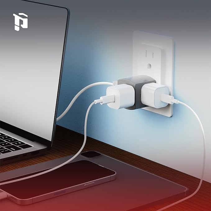 3 Outlet Wall Adapter, 90 Degree 3 Way Plug Adapter Cube Tap, 3 Prong Multi Plug Outlet, Outlet Extender for Home Office School Dorm, ETL Listed, Grey
