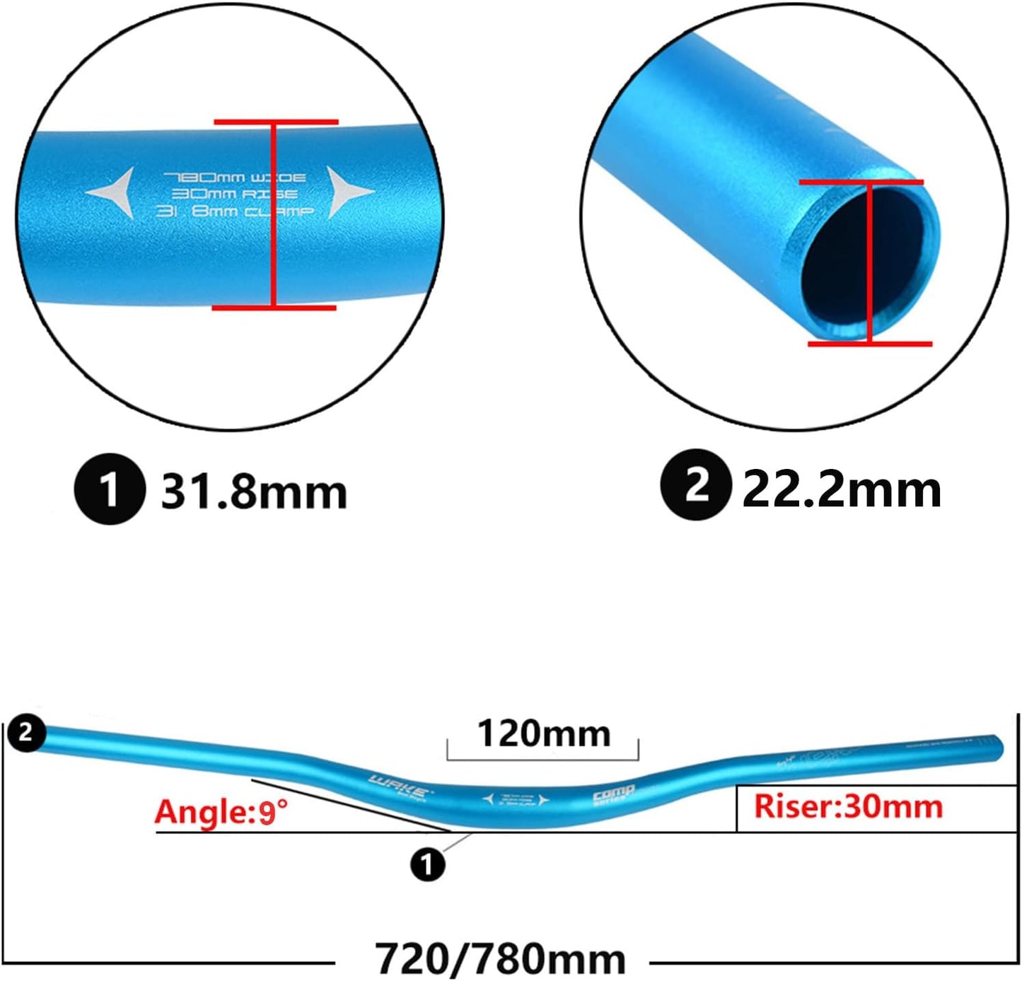 Wake Bicycle Handlebars 31.8 mm Mountain Bike Handlebar 720mm/780mm Aluminium Alloy MTB Handlebar Bicycle Riser Bars Extra Long Bicycle Handlebars for Downhill Cycling Racing
