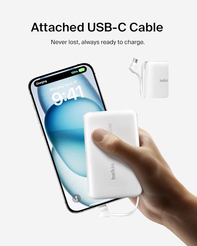 Belkin Portable Charger, Power Bank with Integrated Cable 10000 mAh 20W - Fast Charge USB C Power Delivery, iPhone Charger - iPhone 16 Series, iPad Pro, Galaxy S25, & More - White