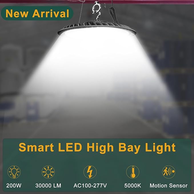 Smart 200W LED High Bay Light with Motion Sensor(Supports Normal Mode & Motion Sensor Mode), 30000lm (Eqv.800W MH/HPS) AC100-277V High Bay LED Shop Light -4Pack