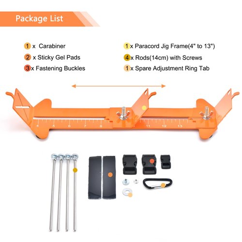 MONOBIN 2 in 1 Paracord Metal Jig, Adjustable Length Paracord Maker- Weaving DIY Craft Paracord Tool 4" to 13" with Buckles and Non-Slip Mat (Orange, 13.2in)