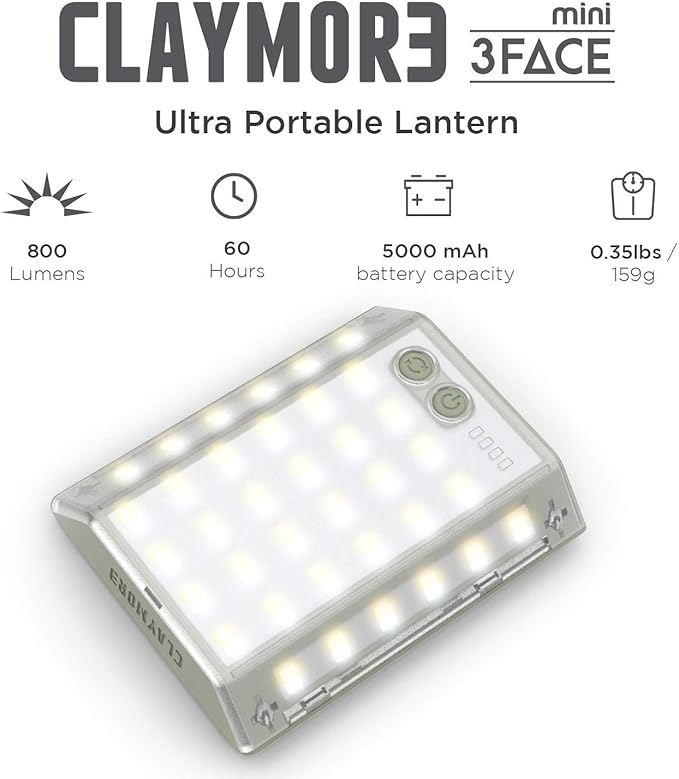 CLAYMORE 3Face Mini (Dark Gray) - Lightweight and Portable LED Area Light for Outdoors, Camping, Tent, Emergency, and Industrial Use. Rechargeable Lantern with USB-C, Up to 60 Hours Battery Life.