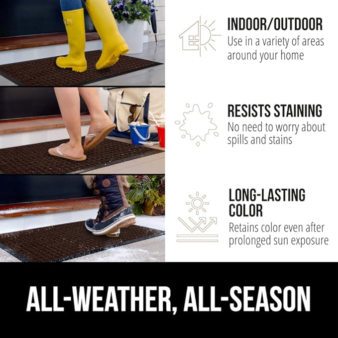 GORILLA GRIP 100% Waterproof All-Season WeatherMax Doormat, 23x35, Durable Natural Rubber, Stain and Fade Resistant, Low Profile, Indoor Outdoor Door Mats, Easy Clean Patio Entry Mat, Coffee Squares