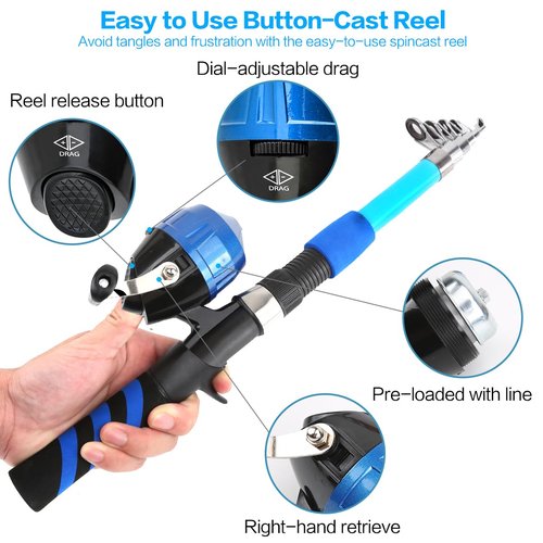 Yoilreyl Kids Fishing Rod and Reel Combo Push Button Small Collapsible TelescopicFishing Pole Kit Beginner Youth Boys Girls Fishing Starter Set Tackle(Spinning Rod+Casting Rod)