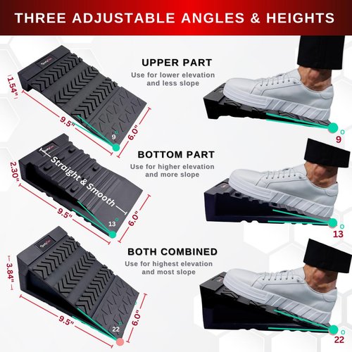 SPORTYDEN Squat Wedge Block Non-Slip Rubber, 3 Adjustable Angles, [Men up to US10.5] 6Pcs Set for Heel Elevated Squat, Calf Raises Ramp, Weight Lift & Stretch, Includes 2 Bands & a Storage Bag.