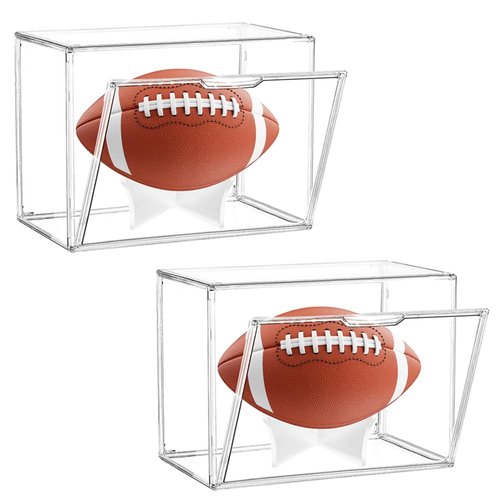 NETGOG Acrylic Football Display Case - Full Size Storage Box With Removable Built-in Stand, Clear Showcase With Magnetic Door for Memorial Sports Gloves (2 Pack)
