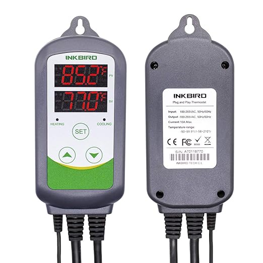 Inkbird ITC-308 Digital Temperature Controller 2-Stage Outlet Thermostat Heating and Cooling Mode Carboy Homebrew Fermenter Greenhouse Terrarium 110V 10A