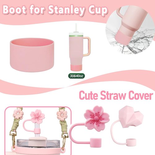 VIQWYIC Water Bottle Accessories Set for Stanley Cup 30oz & 40oz Tumblers Includes Handle Strap, Silicone Boot, Straw Cover Cap, and Pearl Keychain Charms