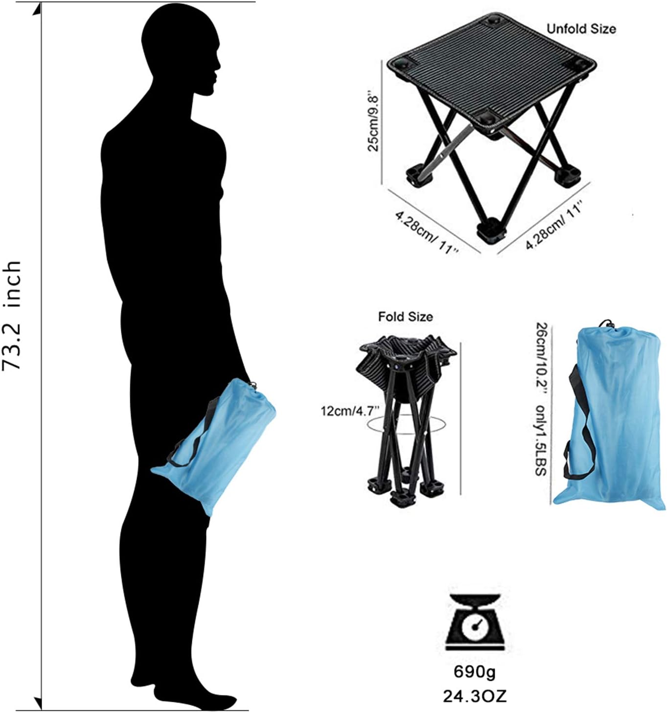 Mini Chair Folding Camping Stool Outdoor Portable Stools Lightweight with Carry Bag, Support 220 lbs, Black