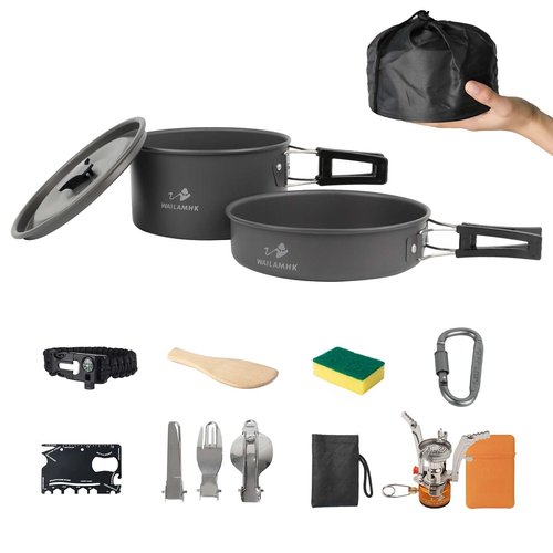 WAILAMHK Camping Cookware Mess Kit, 13 pcs Backpacking Cookware Set, Lightweight Camping Pots and Stove Set for 1-2 Person, Outdoor Cooking Gear Ideal for Camping, Hiking, Backpacking and Picnic