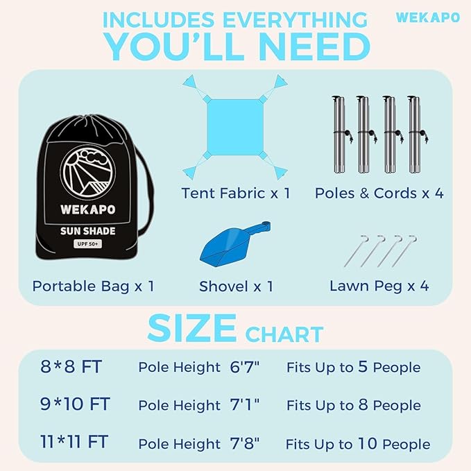 WEKAPO Beach Tent Sun Shelter - Easy Setup Beach Canopy with 4 Sturdy Poles, Large Sandbags and Shovel, 7'8'' Tall, Windproof Sun Shade for Backyard and Camping, UPF 50+ Protection