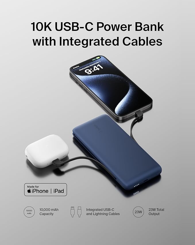 Belkin Portable Charger, Power Bank 10000 mAh, 23W w/Integrated Lightning Cable & USB-C Cable - iPhone Charger Battery Pack for Apple iPhone 16, 15, 14, Galaxy S25, Pixel 9, Travel Essentials - Blue