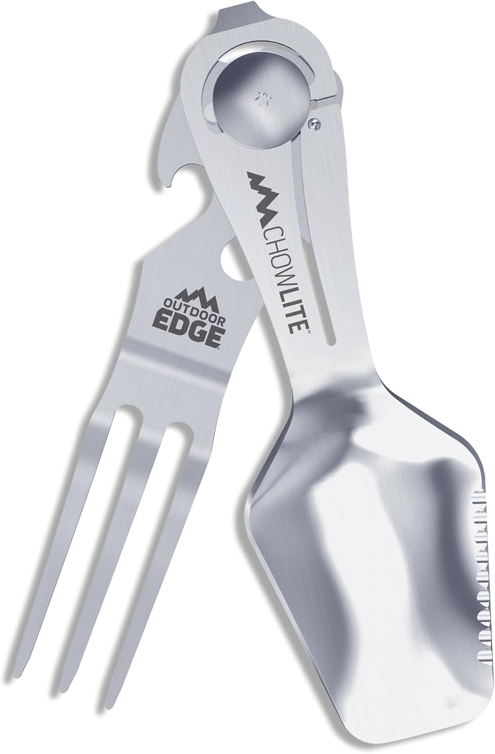 OUTDOOR EDGE Chowlite - Mealtime Multitool with Folding/Locking Fork, Spoon, Bottle Opener, Can Opener and Screwdriver - 100% Stainless Steel - Perfect for Camping, Hiking, Backpacking and Hunting