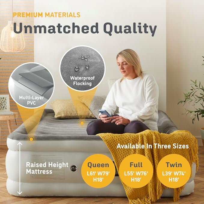 Huddle® Luxury Never Deflate Queen Air Bed with Patented Dual Pump SlumberGuard™ Premium Technology | Inflatable Mattress with Built-in Pump | Comfortable Inflatable Mattress