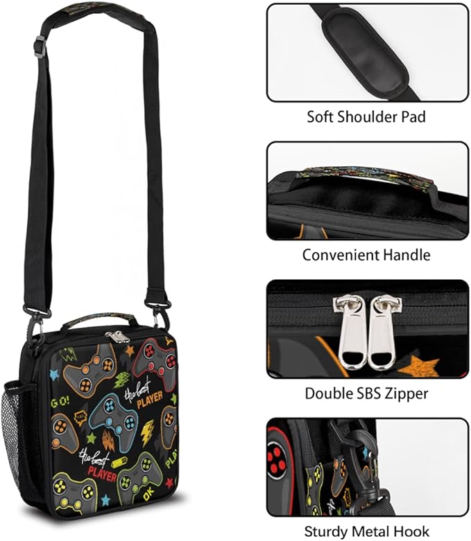 cfpolar Game Lunch Box for Boys Girls, Video Game Controller Insulated Lunch Bags for Kids Reusable Mini Cooler Lunch Tote Lunchbox Thermal Meal Tote Kit with Shoulder Strap for Work School Picnic
