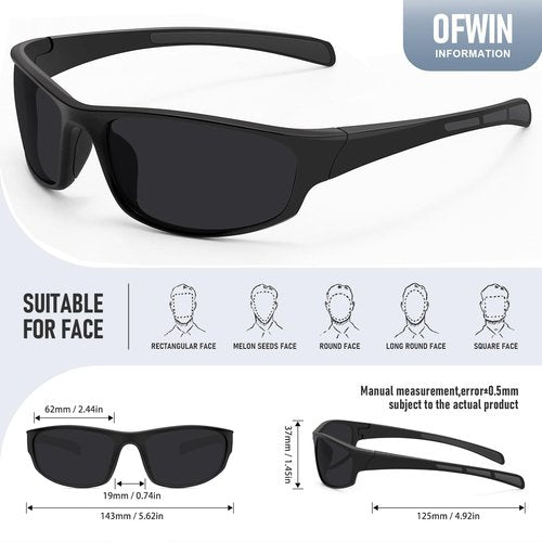 Ofwin Sports Polarized Sunglasses for Men Women Wrap Around Sun Glasses Fishing Cycling Driving Running UV Protection Black