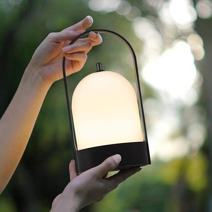 Tubicen Portable LED Cordless Rechargeable Lantern Table Lamp, 4000mAh Powerful Battery Operated Black Bedside Table Lamp, 4 Levels Touch Dimmable Night Light for Home Camping Restaurant Desk Balcony