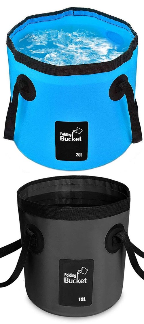 BANCHELLE Collapsible Bucket Water Container Portable Folding Camp Wash Basin for Outdoor Traveling Hiking Fishing Car Washing Gardening Camping (Blue 20L and Black 12L), Total 2 PCS