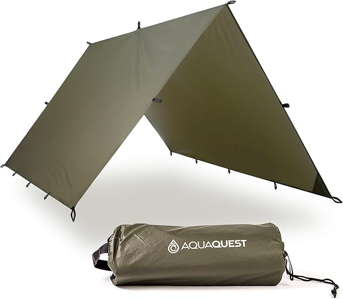 AquaQuest Guide Camping Tarp - Ultralight Tent Cover or Rain Fly - Waterproof Camping Gear Must Haves for Hiking, Hammock, Bivy & Survival, 10 x 7 ft, Olive Drab